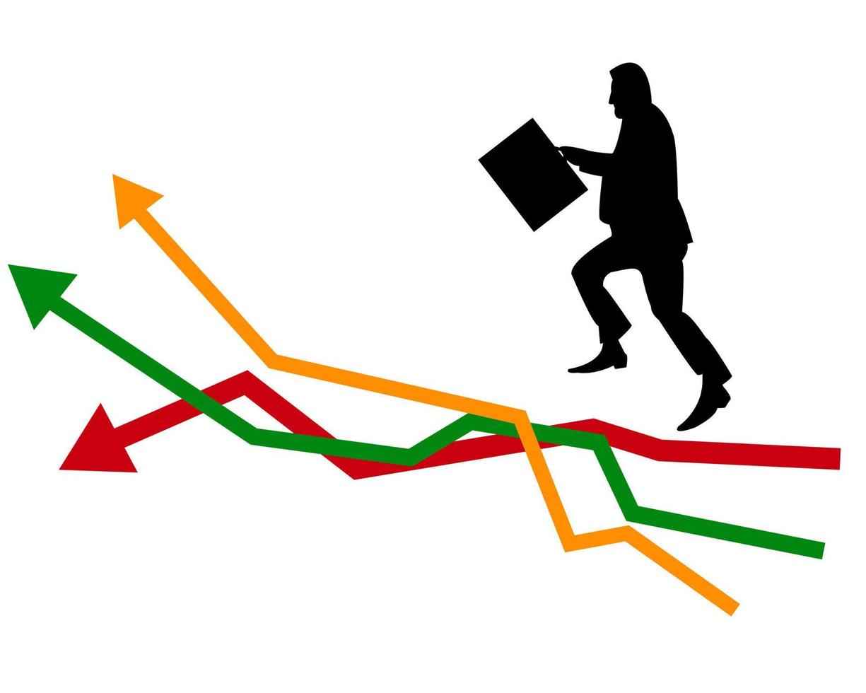 silhouette d'homme d'affaires avec mallette s'exécutant sur des flèches virtuelles sur fond blanc vecteur