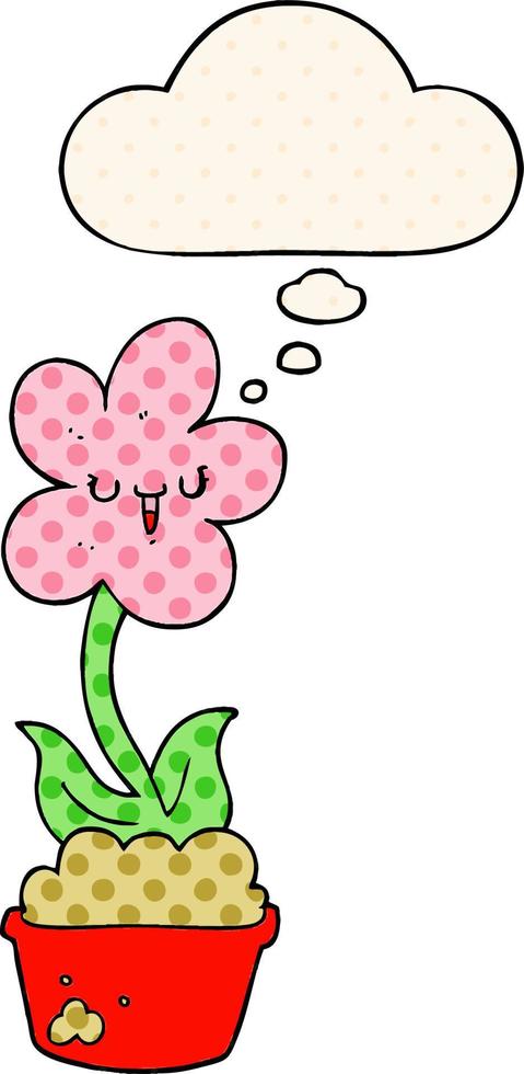 fleur de dessin animé mignon et bulle de pensée dans le style de la bande dessinée vecteur