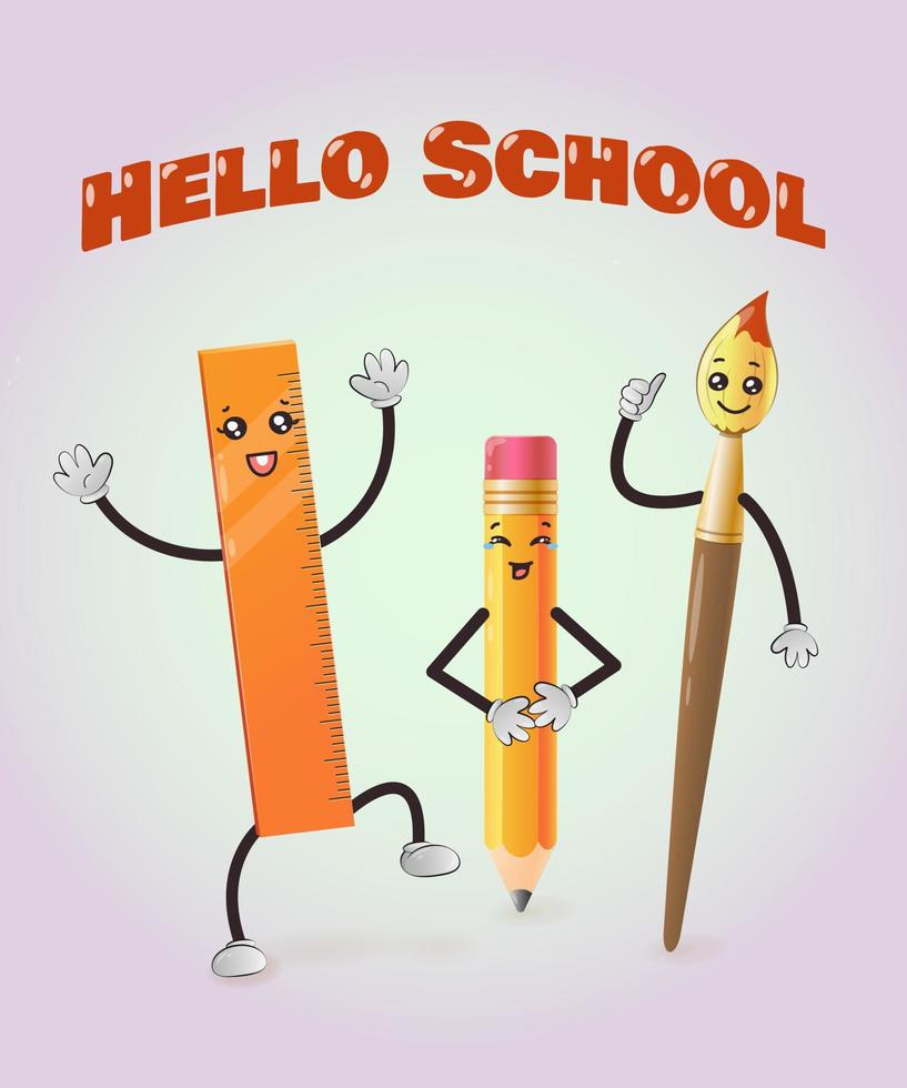 bonjour l'école. crayon, règle, pinceau. personnages kawaii mignons. vecteur