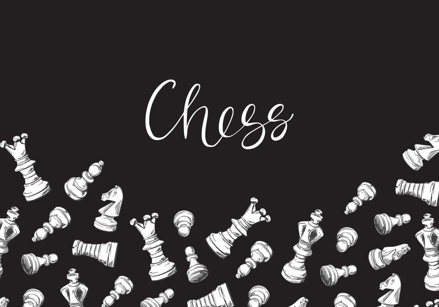 bannière avec pièces d'échecs sur fond noir. illustration vectorielle dessinée à la main pour un club d'échecs, bannière de tournois, cadre, brochure. arrière-plan du jeu intellectuel. croquis illustration vectorielle vecteur