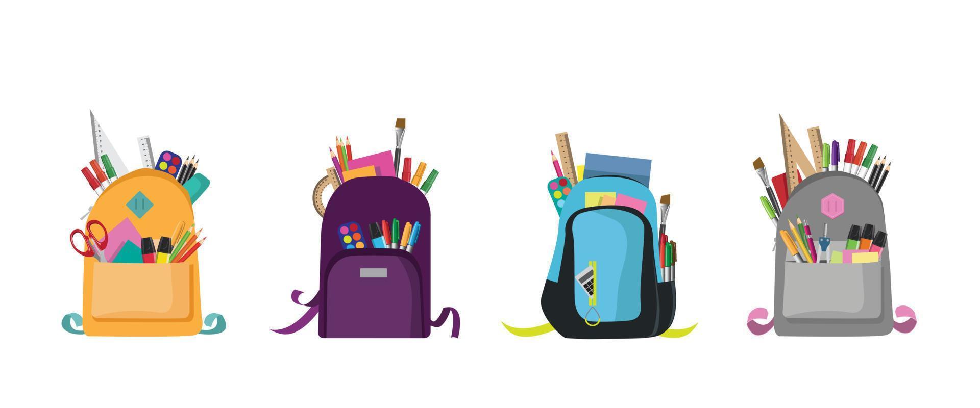 ensemble de sacs à dos avec papeterie scolaire lumineuse sur illustration vectorielle fond blanc vecteur