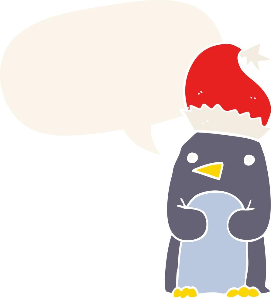 joli pingouin de noël et bulle de dialogue dans un style rétro vecteur