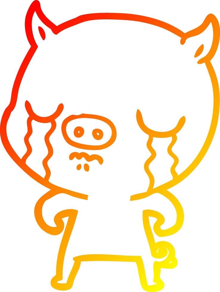 ligne de gradient chaud dessinant un cochon de dessin animé qui pleure vecteur