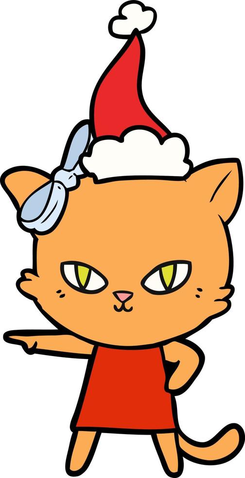 joli dessin au trait d'un chat portant une robe portant un bonnet de noel vecteur