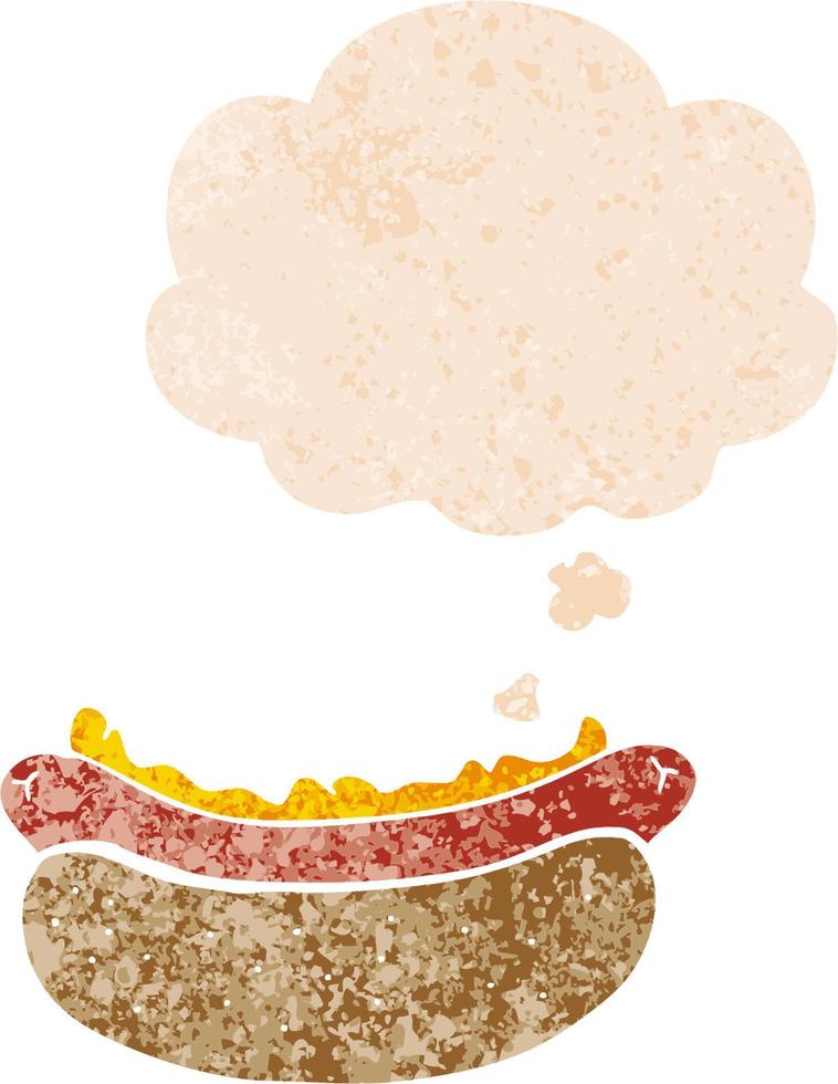 dessin animé hot-dog et bulle de pensée dans un style texturé rétro vecteur