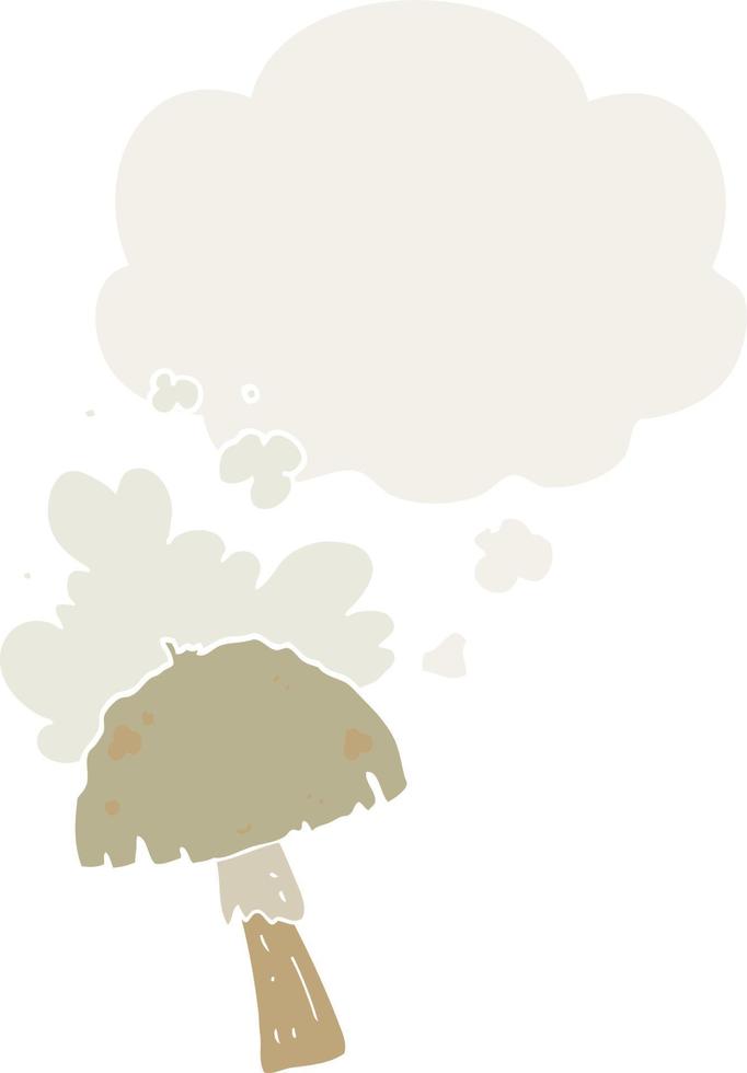 champignon de dessin animé avec nuage de spores et bulle de pensée dans un style rétro vecteur