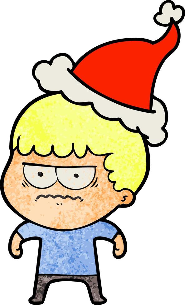 dessin animé texturé d'un homme agacé portant un bonnet de noel vecteur