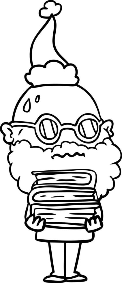 dessin au trait d'un homme inquiet avec barbe et pile de livres portant un bonnet de noel vecteur