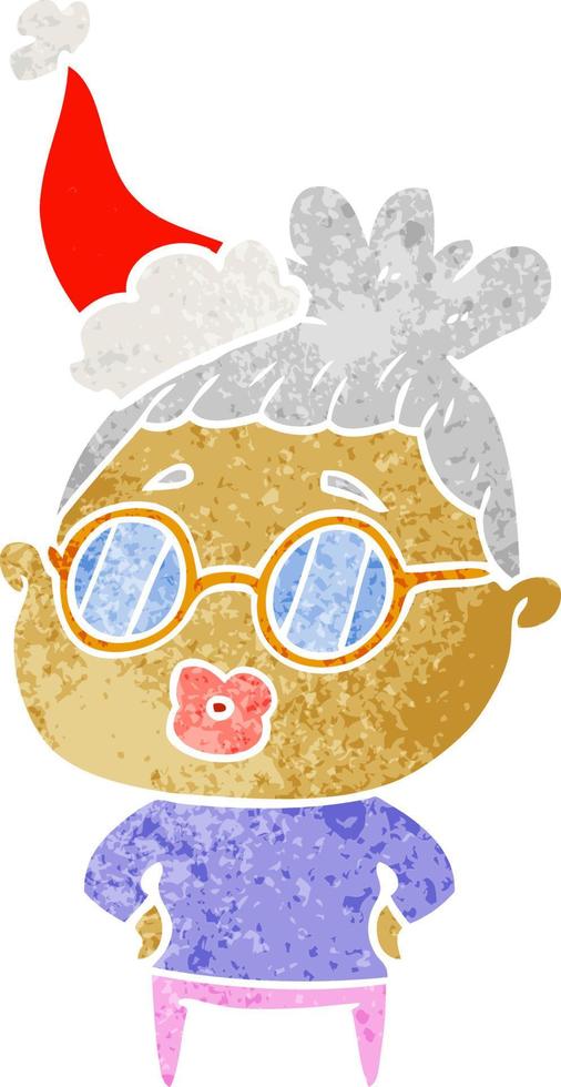 dessin animé rétro d'une femme bibliothécaire portant des lunettes portant un bonnet de noel vecteur