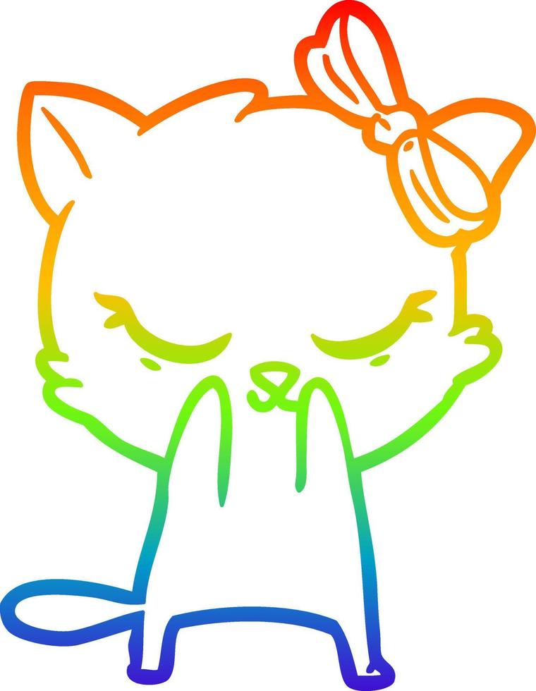 ligne de gradient arc-en-ciel dessinant un chat de dessin animé mignon avec un arc vecteur