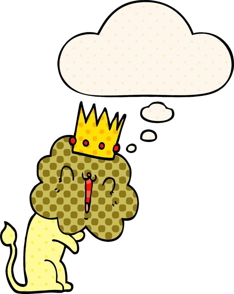 lion de dessin animé avec couronne et bulle de pensée dans le style de la bande dessinée vecteur