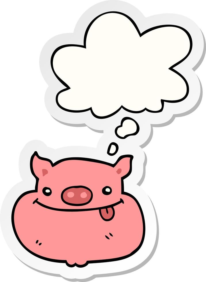 dessin animé visage de cochon heureux et bulle de pensée sous forme d'autocollant imprimé vecteur