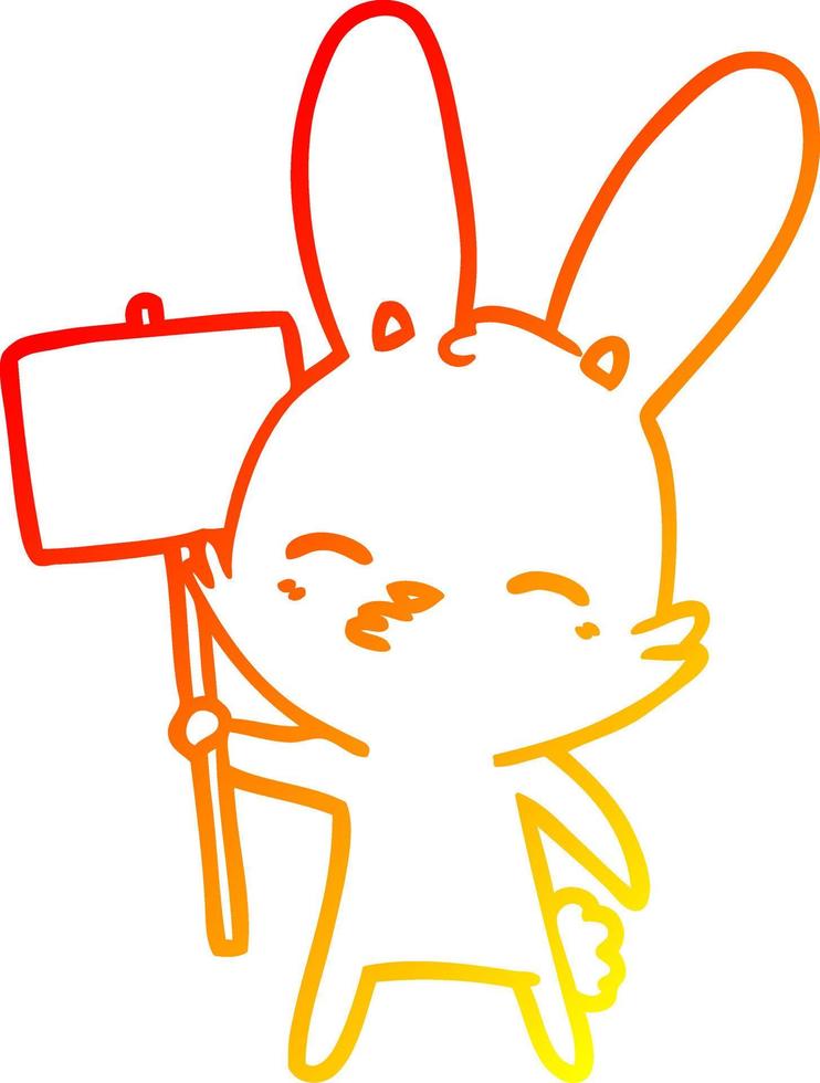 ligne de gradient chaud dessinant un dessin animé de lapin curieux avec une pancarte vecteur