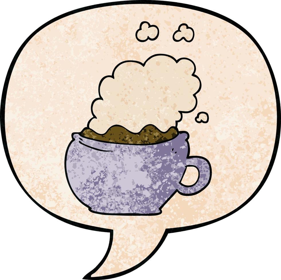 dessin animé tasse de café chaud et bulle de dialogue dans un style de texture rétro vecteur