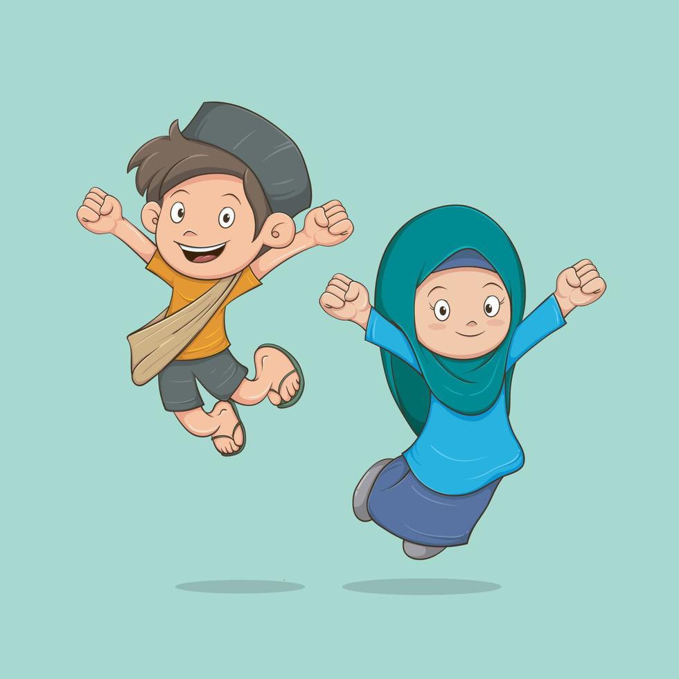 mignons personnages musulmans garçon et fille sautant joyeusement, dessin animé, dessin vectoriel