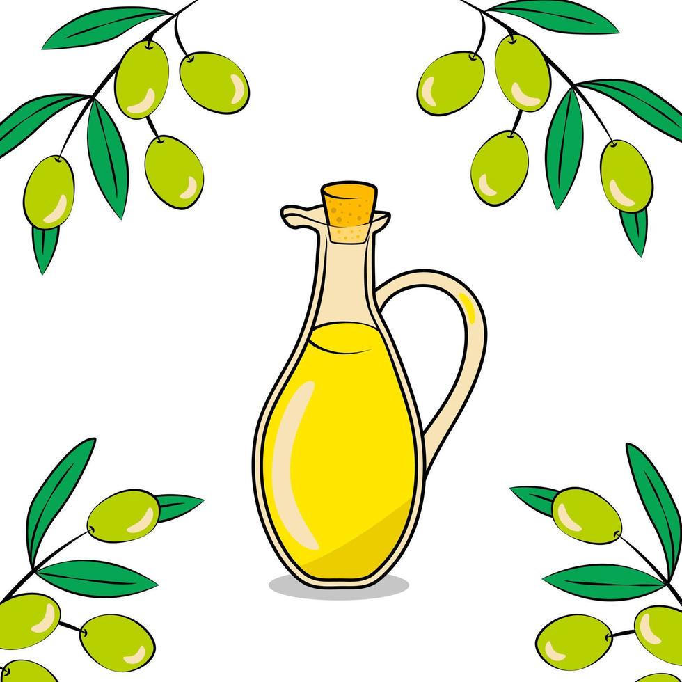 bouteille en verre avec huile d'olive extra vierge et branche d'olivier aux olives vecteur