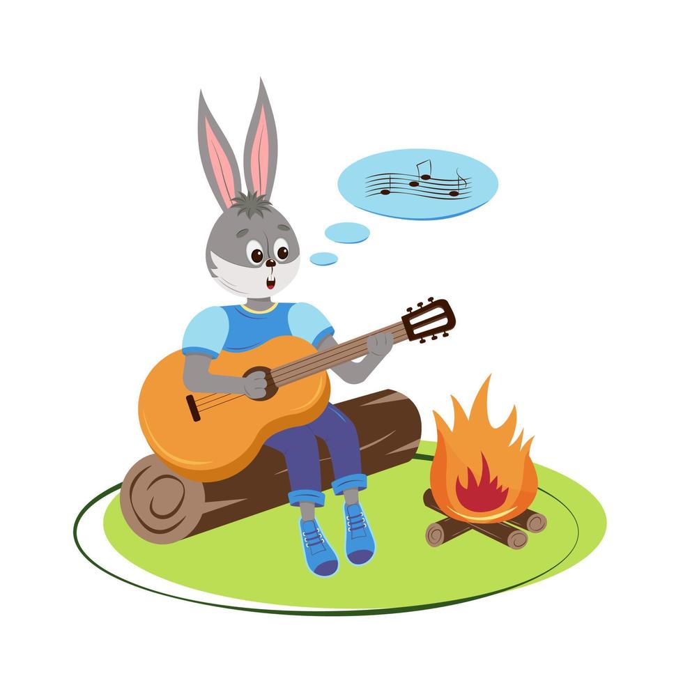 lièvre le barde au feu de pique-nique en jouant de la guitare et en chantant des chansons. illustration vectorielle. pour bannière, carte postale, flyer, affiche, t-shirt, calendrier. vecteur