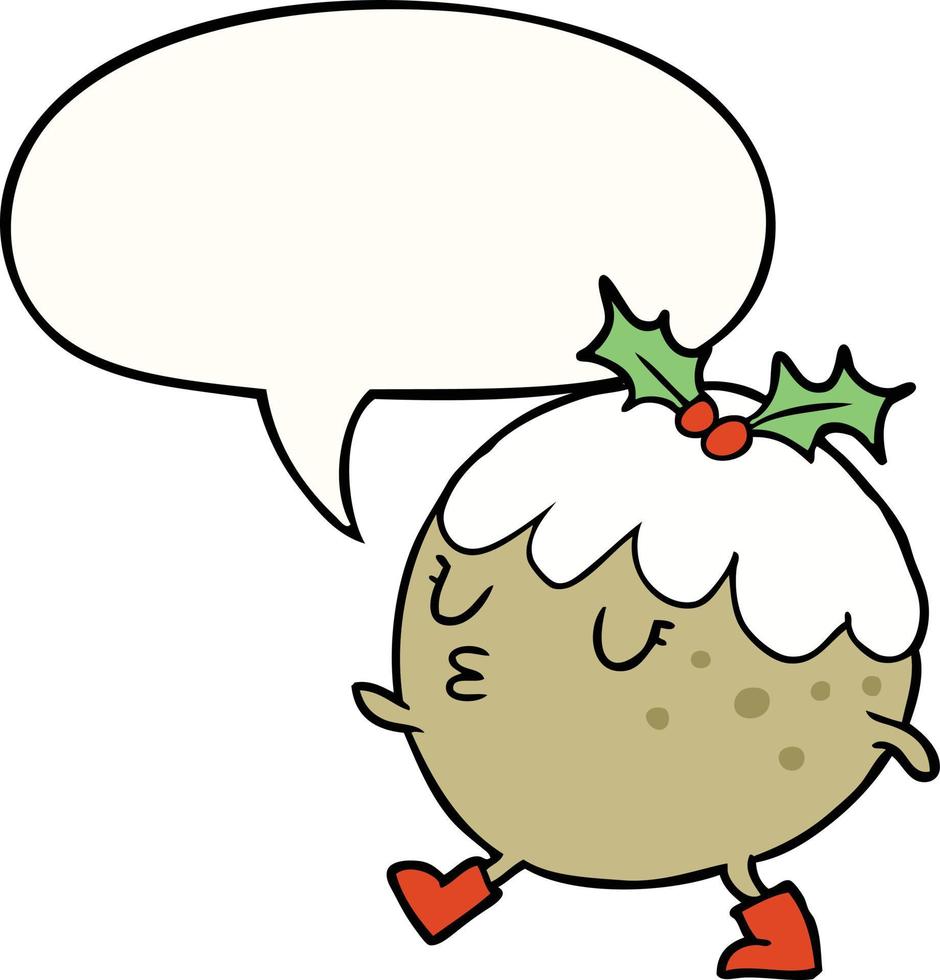 dessin animé pudding de noël marche et bulle de dialogue vecteur