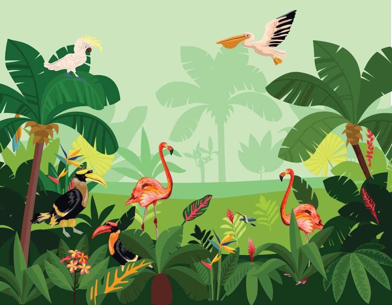 composition de jungle plate les oiseaux volent jungle dense flamants roses grands perroquets vecteur