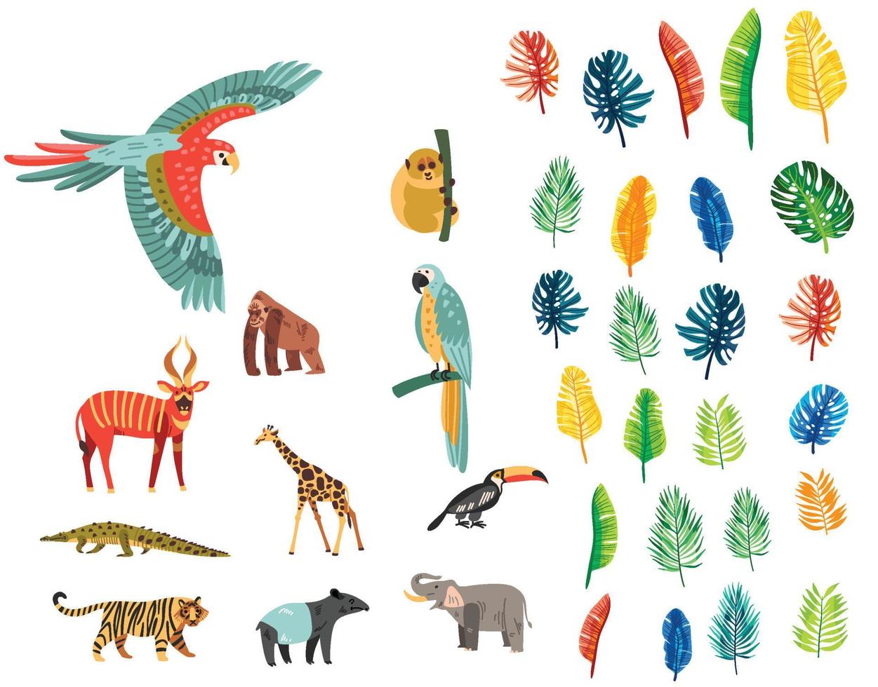 jungle set icônes isolées avec des oiseaux exotiques animaux sauvages avec des plantes tropicales arbres vecteur