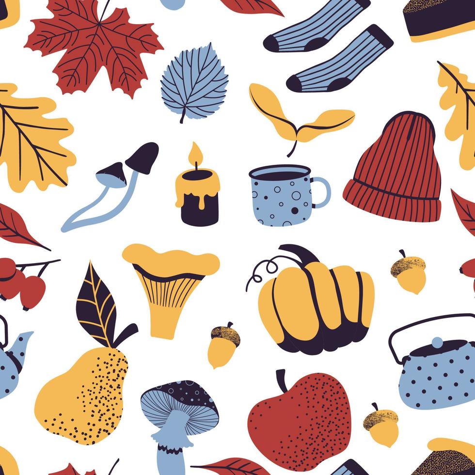 modèle sans couture d'automne avec feuilles, citrouille, baies, champignons, théière, tasse pomme, poire. illustration vectorielle dessinée à la main dans un style scandinave, fond de récolte confortable vecteur