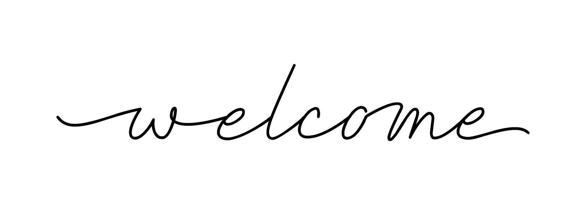 Bienvenue - lettrage à l'encre noire de vecteur isolé sur fond blanc. carte de bienvenue de calligraphie cursive continue sur une ligne