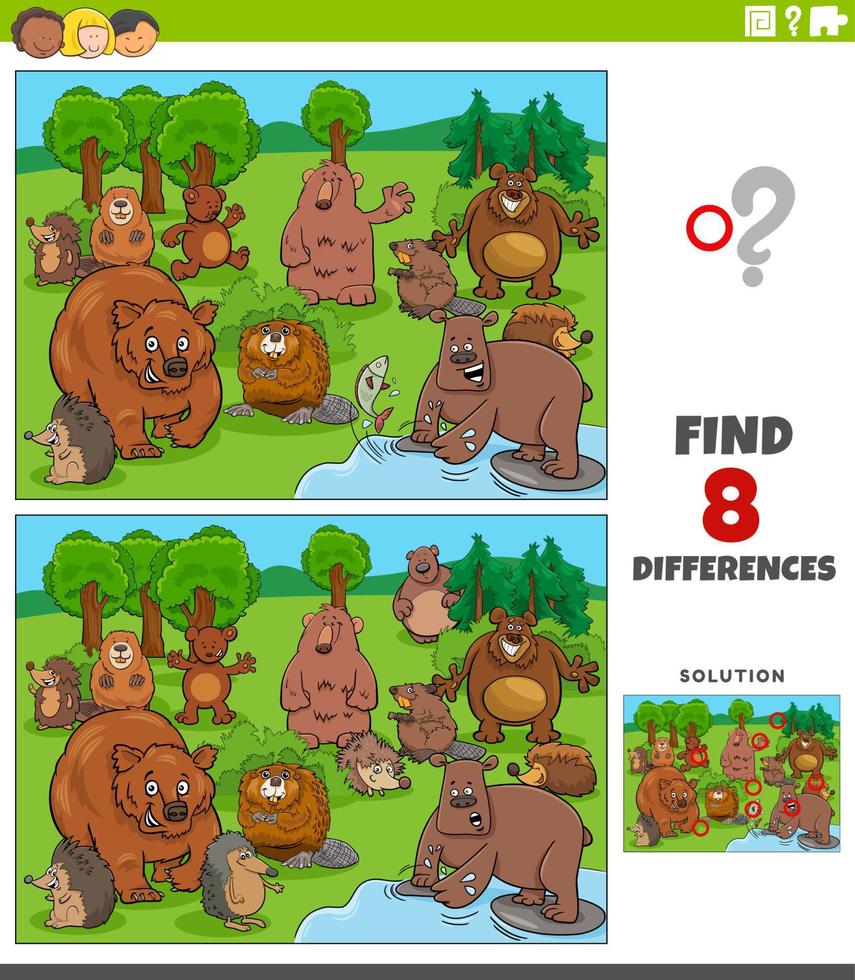 jeu des différences avec le groupe de personnages d'animaux sauvages de dessin animé vecteur
