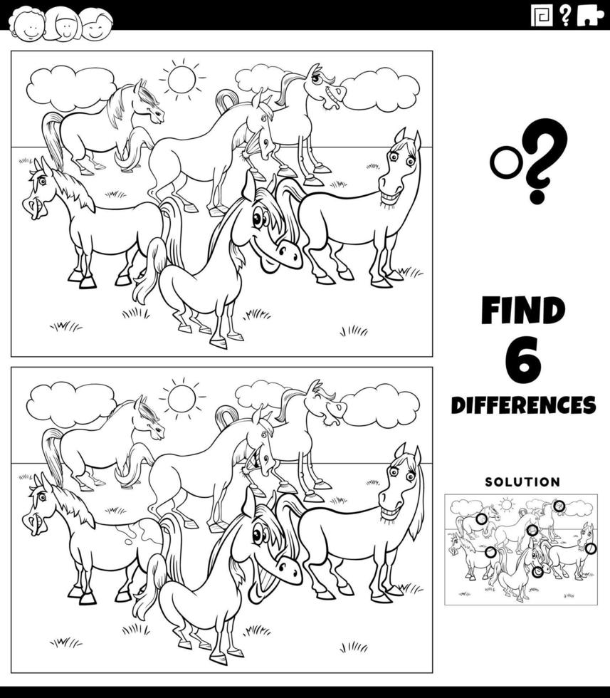 jeu de différences avec la page de coloriage des chevaux de dessin animé vecteur