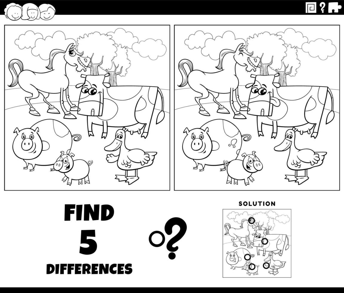 jeu de différences avec la page de coloriage des animaux de la ferme de dessin animé vecteur