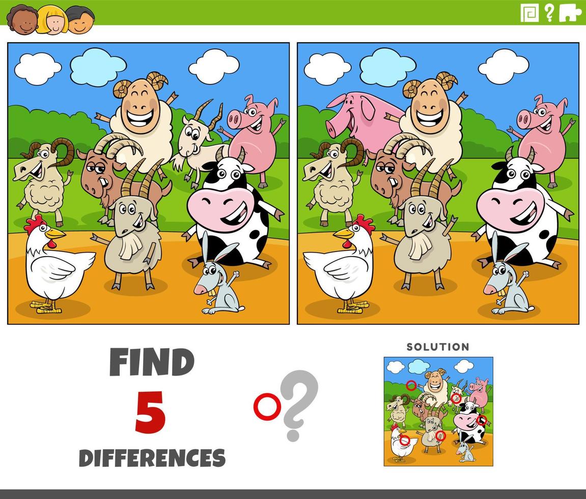 jeu de différences avec des personnages d'animaux de ferme de dessin animé vecteur