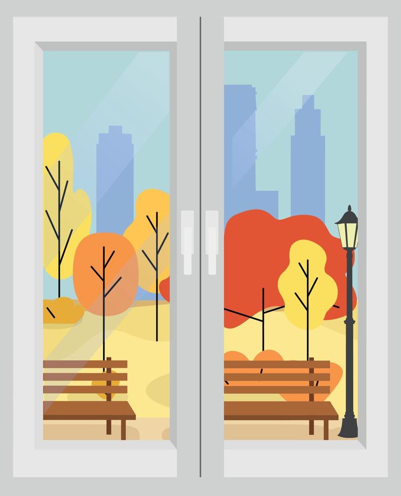 affiche bonjour l'automne. paysage d'automne depuis la fenêtre de l'appartement. nature, parc, collines et champs, paysage avec arbres et plantes, ciel avec nuages et feuilles qui tombent. illustration vectorielle. vecteur