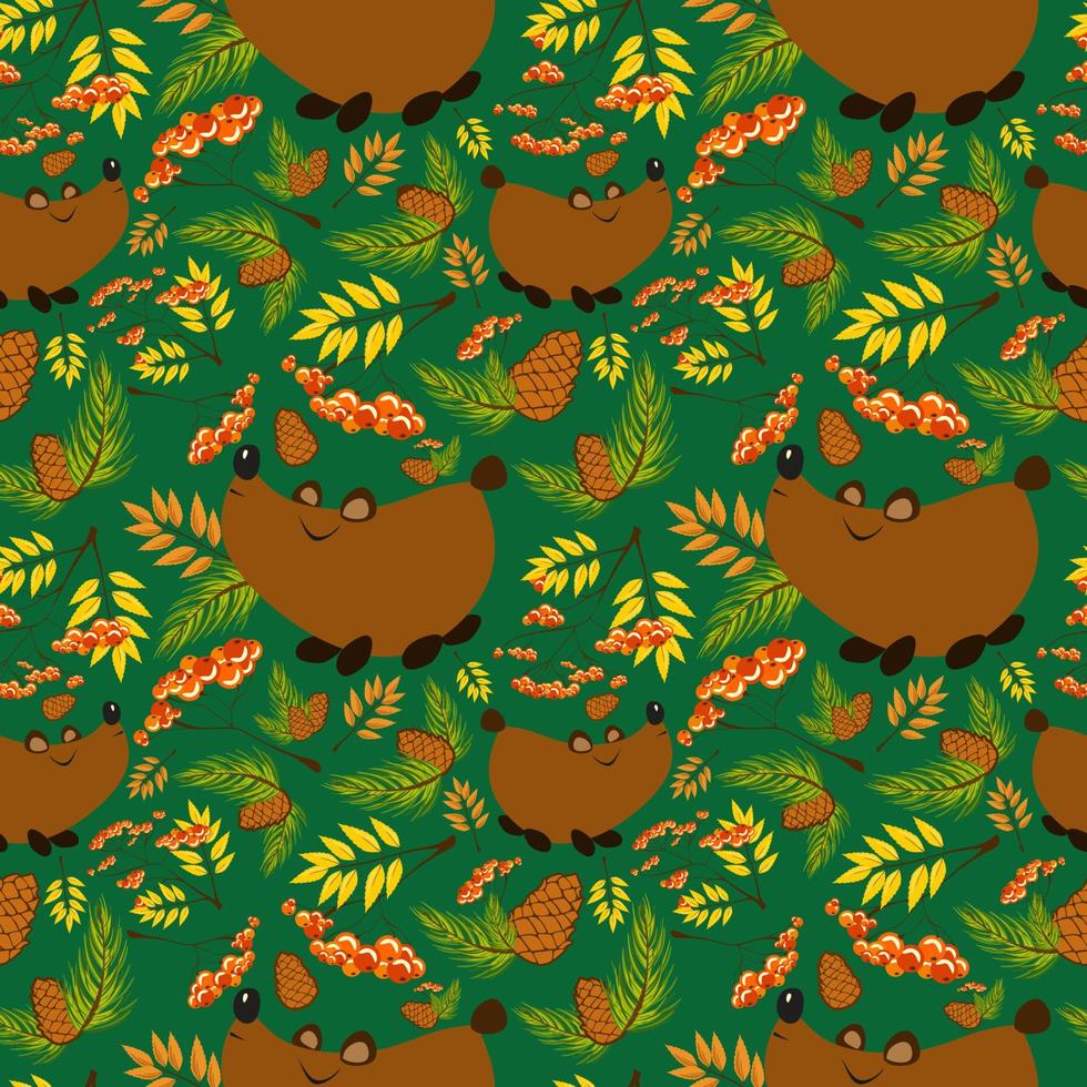 motif de forêt d'automne avec des ours mignons, des feuilles et des fruits de rowan, des branches de pin et des cônes. modèle sans couture pour le tissu, le papier et d'autres projets d'impression et web. vecteur