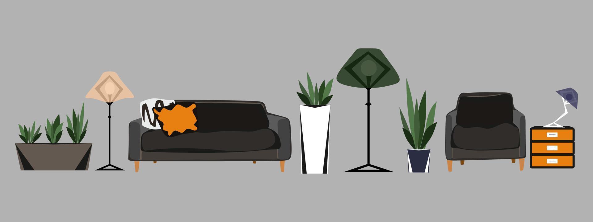 ensemble de mobilier moderne et collection de plantes. clipart éléments de design d'intérieur vectoriels isolés. canapé, table de chevet, lampe de table, lampadaire, fauteuil, pots de fleurs vecteur