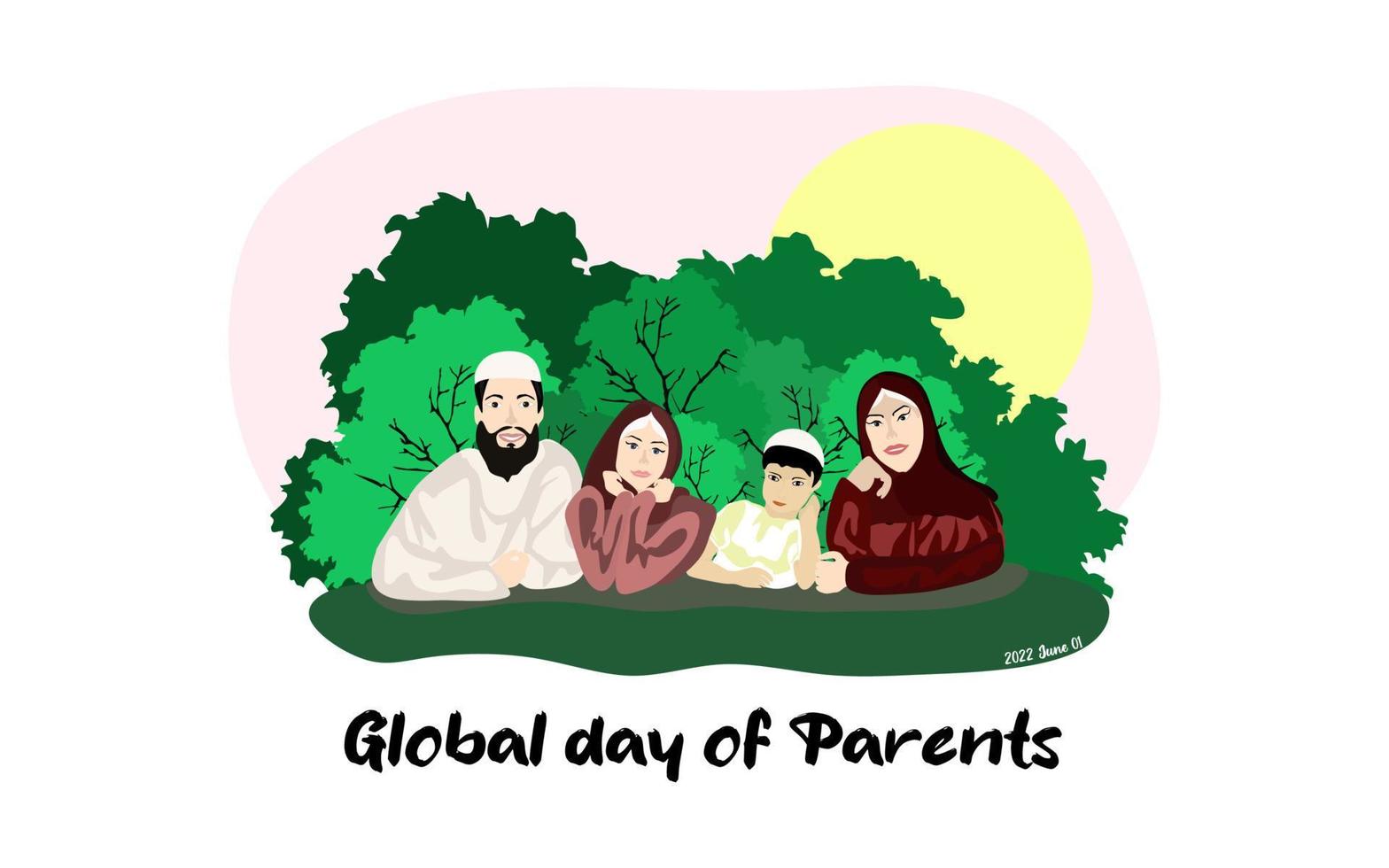 bonne journée mondiale de l'illustration vectorielle des parents. conception, bannière ou carte conceptuelle de la journée mondiale des parents. une famille musulmane heureuse se trouve sur l'herbe dans le parc vecteur
