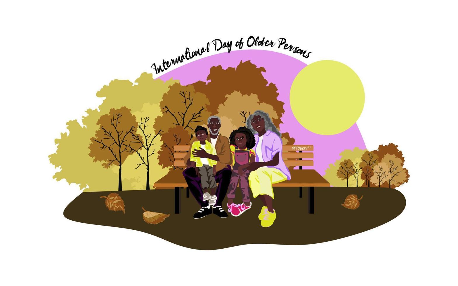 illustration vectorielle de la journée internationale des personnes âgées. femme âgée afro-américaine et homme avec petits-enfants. une femme et un homme âgés heureux et souriants sont assis sur un banc dans le parc d'automne vecteur