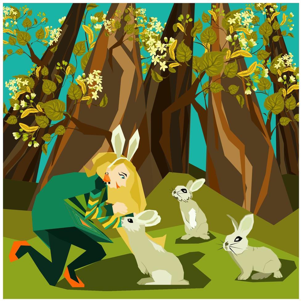 jolie fille habillée de style boho de dessin animé en bandeau avec des oreilles de lapin dans la forêt d'érables embrassant un petit lapin ou un lapin sur son front. illustration vectorielle pour livre pour enfants, conte de fées vecteur