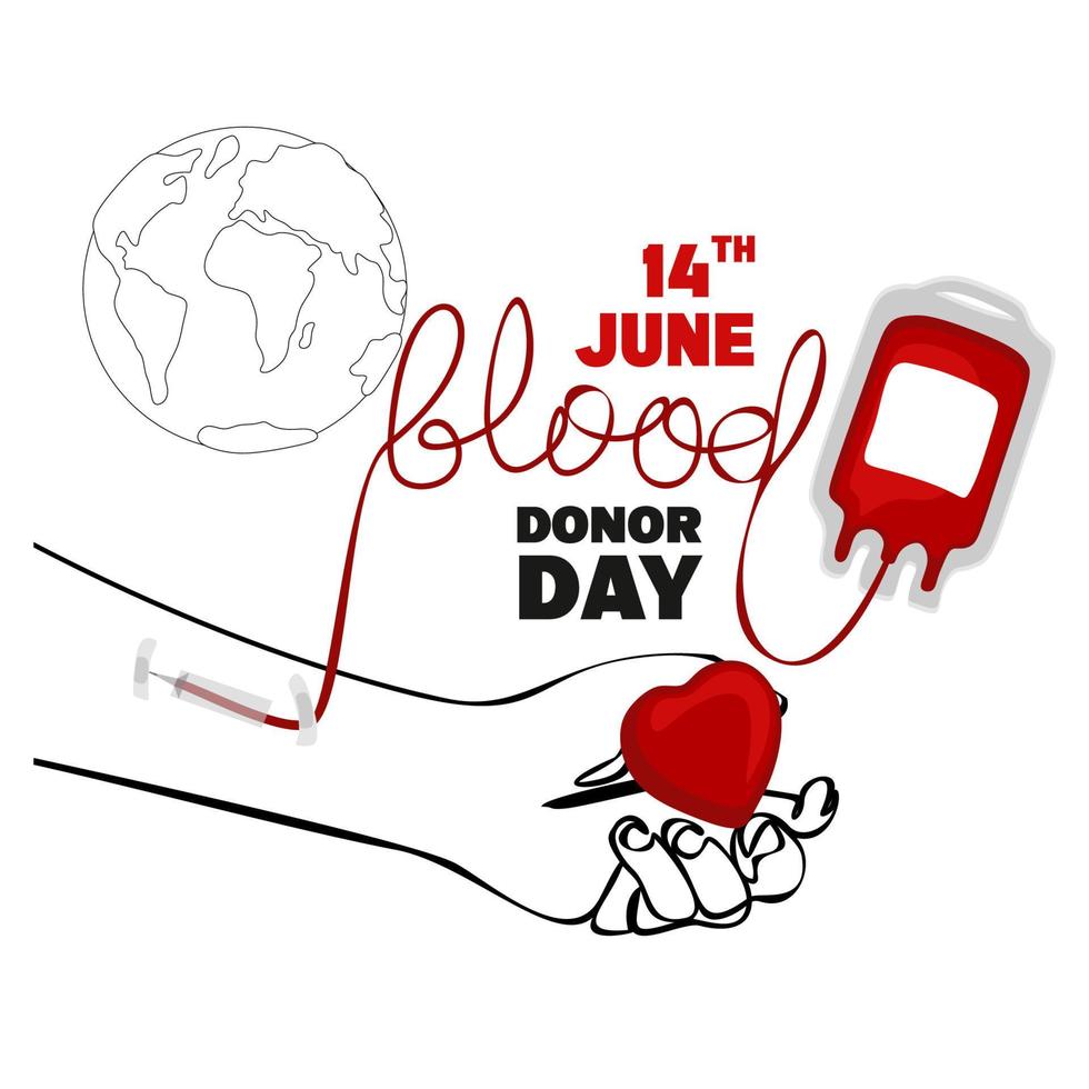 affiche de la journée mondiale du donneur de sang, l'homme donne du sang, une poche de sang, un vecteur de coeur et de main