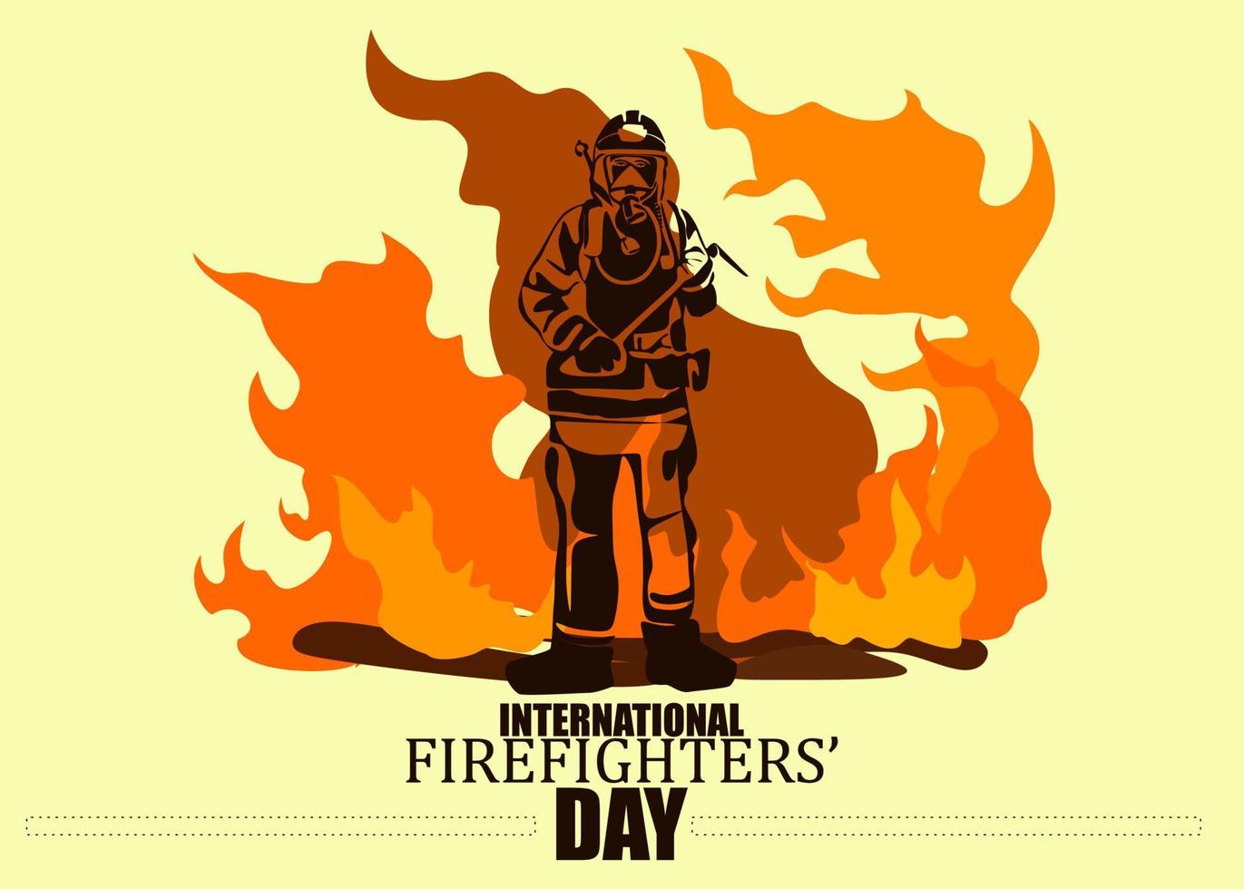 espace négatif de la journée internationale des pompiers. illustration vectorielle silhouette pompier, comme bannière, affiche ou modèle pour la journée internationale des pompiers avec lettrage, feu et flammes vecteur