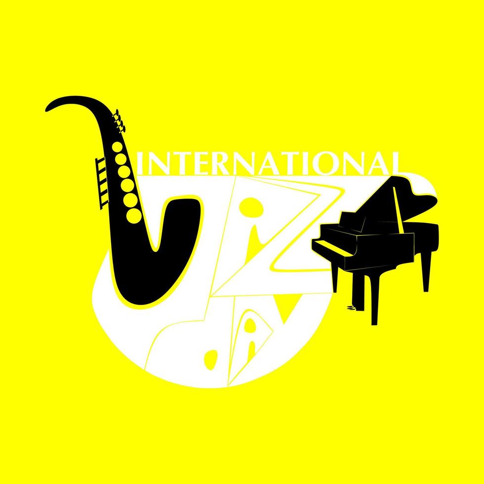 affiche vectorielle de style espace négatif de la musique de la journée internationale du jazz pour le festival de jazz ou la soirée rétro blues nocturne avec piano à queue blanc et saxophone. lettrage stylisé journée internationale du jazz vecteur