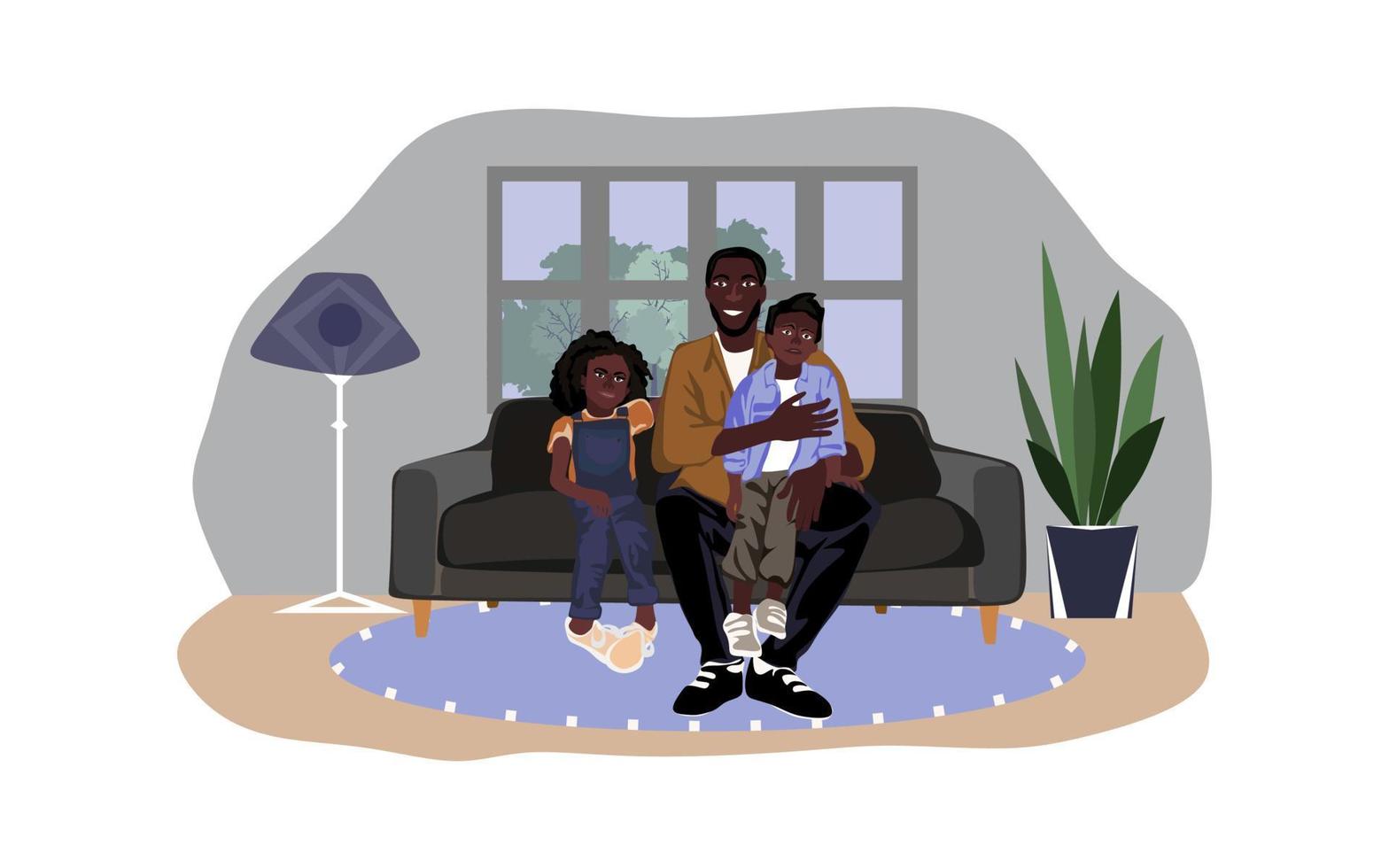 père afro-américain avec fils et fille assis sur le canapé dans la chambre avec un intérieur moderne. heureuse famille afro-américaine souriante. illustration vectorielle plate vecteur