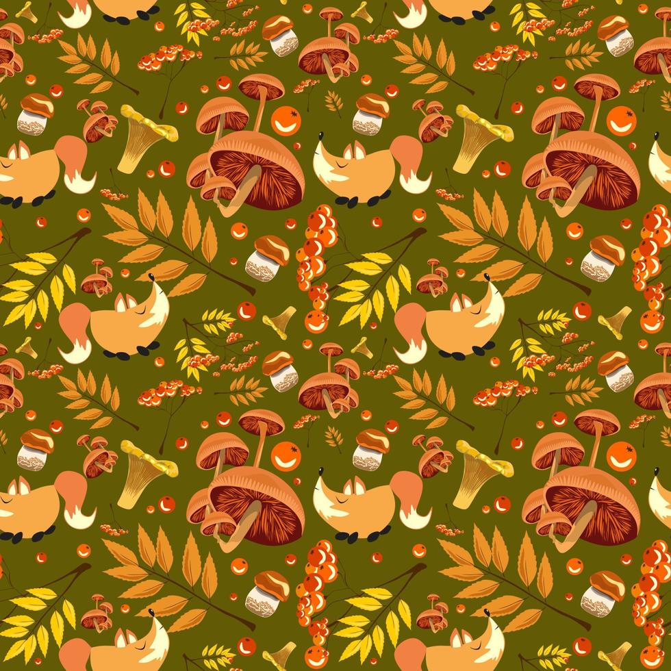 motif de forêt d'automne avec des renards mignons, des champignons, des fruits et des feuilles de rowan. modèle sans couture pour le tissu, le papier et d'autres projets d'impression et web. vecteur