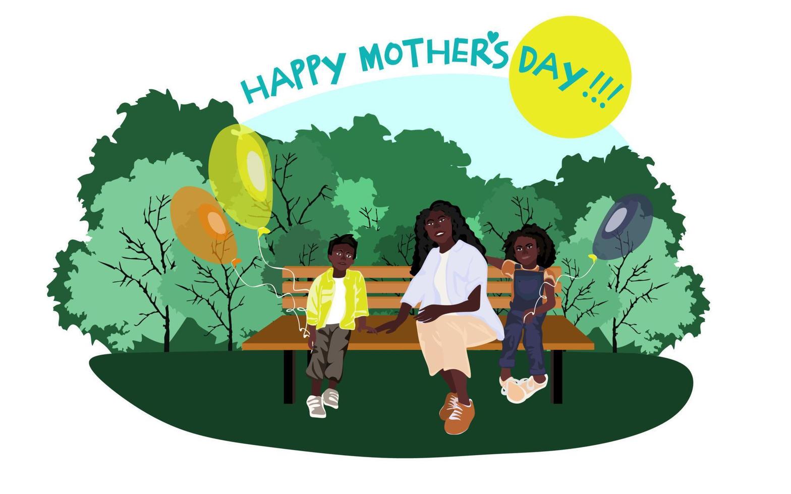 une famille afro-américaine heureuse est assise sur un banc de parc par temps ensoleillé avec des ballons. famille, mères, enfants, pères, fils, filles, conception vectorielle conceptuelle de célébration de la fête des frères et sœurs. vecteur