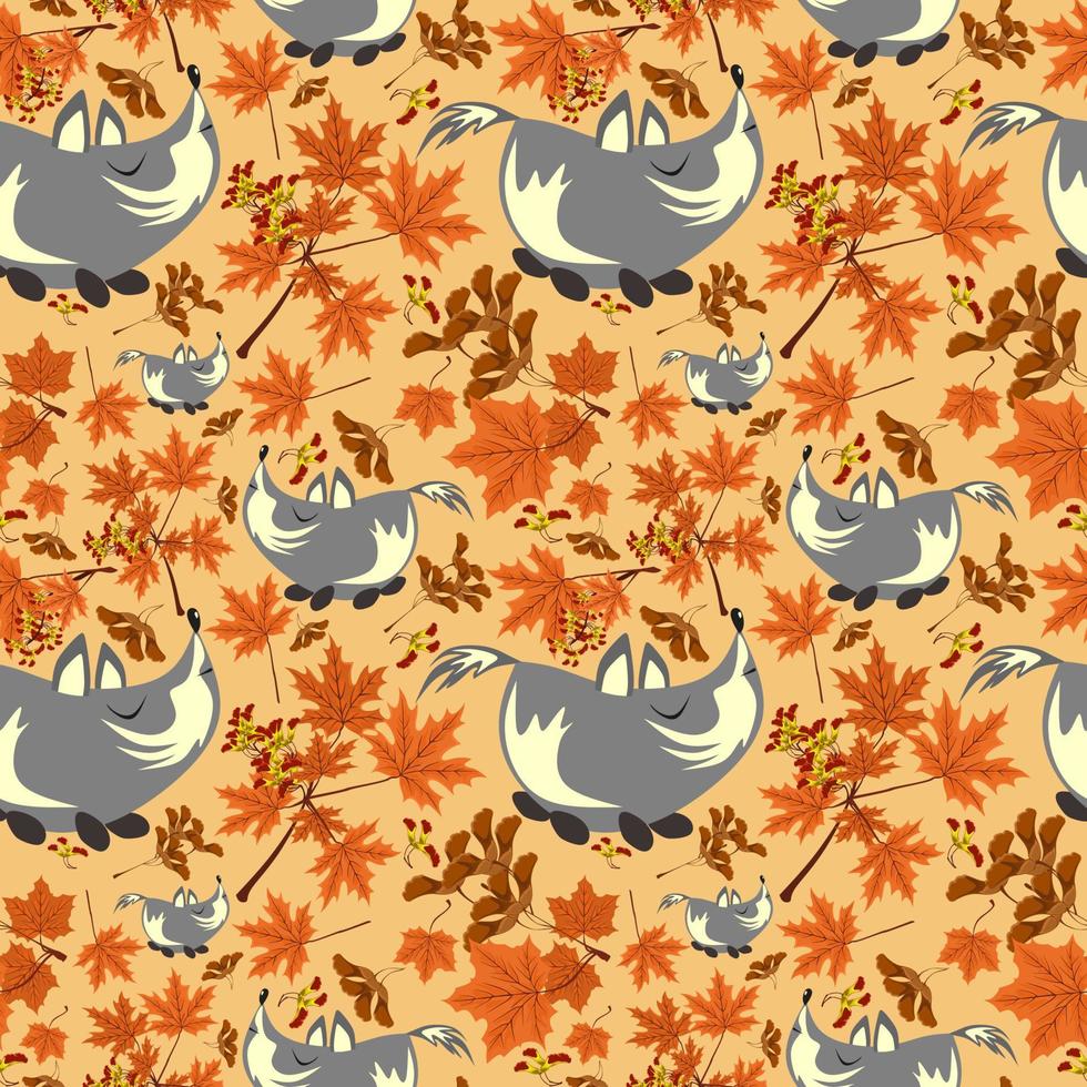 motif de forêt d'automne avec des loups mignons et des feuilles d'érable. modèle sans couture pour le tissu, le papier et d'autres projets d'impression et web. vecteur