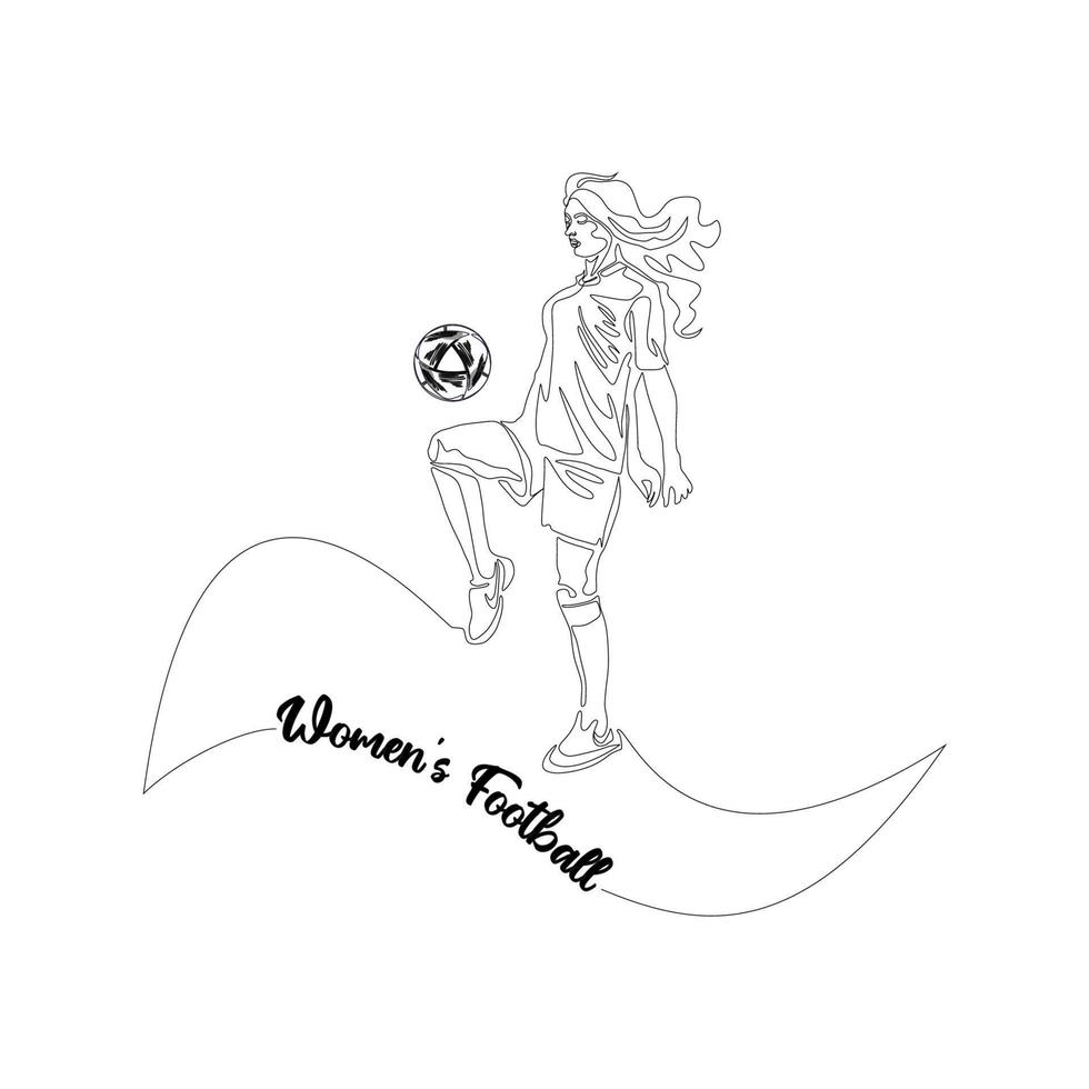 dessin en ligne continu ou dessin en ligne simple d'une femme jouant au football ou au football et frappant le ballon. dessin au trait. vecteur isolé sur fond blanc