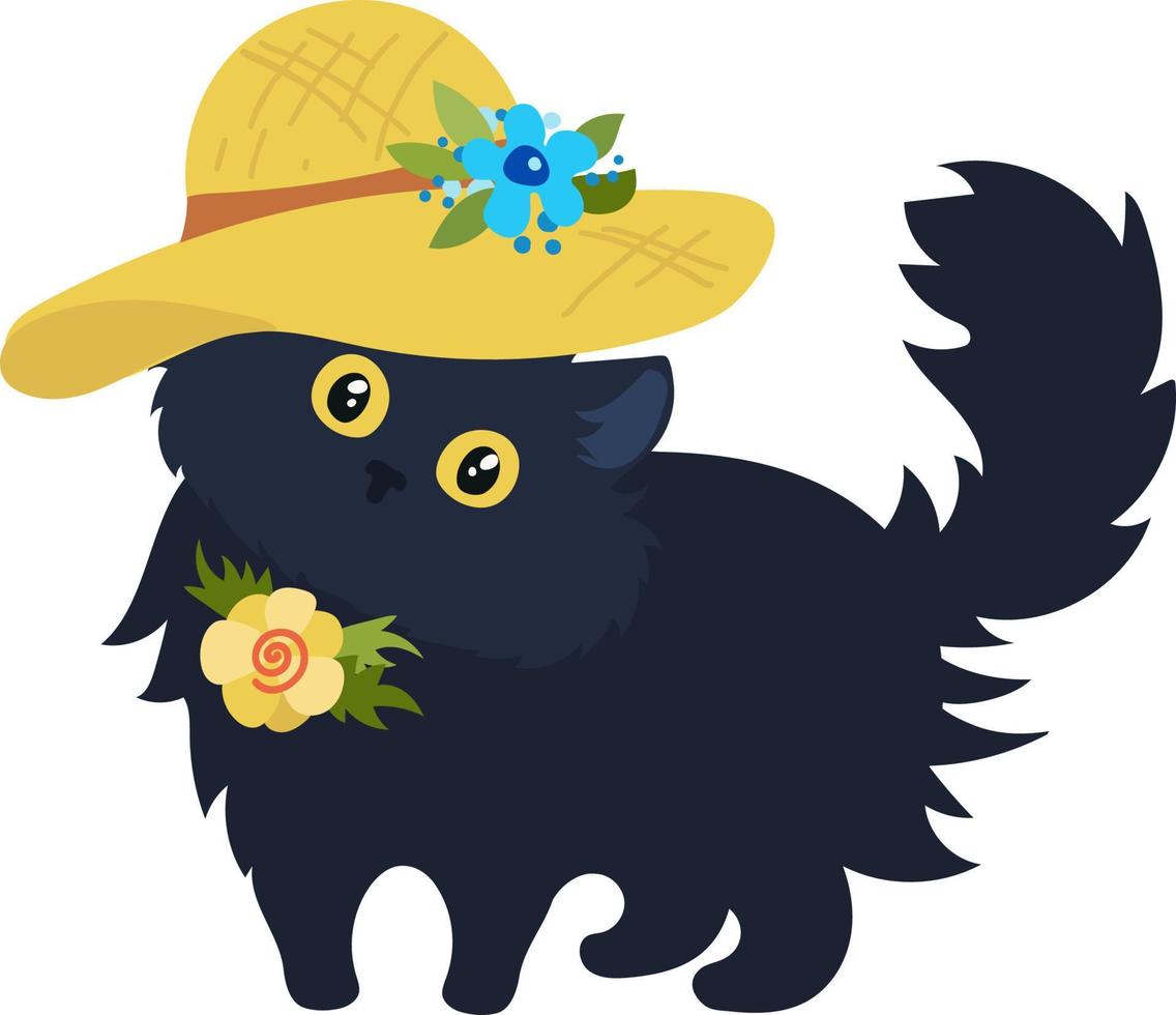 chat noir en chapeau d'été jaune avec des fleurs, illustration vectorielle de style dessin animé vecteur