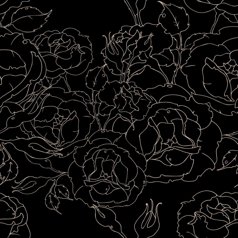 motif floral sans soudure avec des roses de contour brillant or cuivre sur un fond sombre. dessin de fleurs et bourgeons illustration vectorielle pour tissu, papier peint, papier d'emballage. vecteur