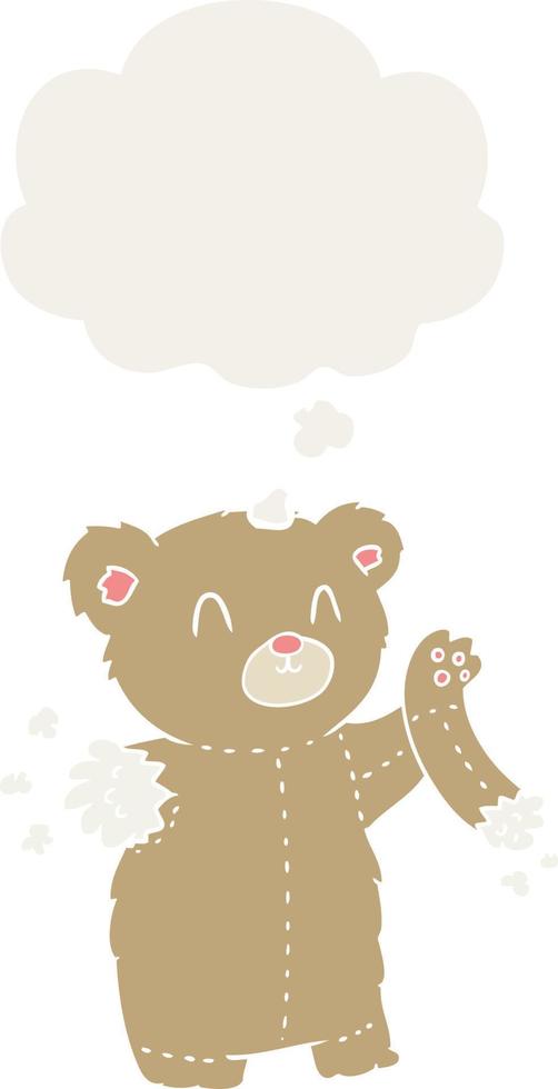 ours en peluche dessin animé avec bras déchiré et bulle de pensée dans un style rétro vecteur
