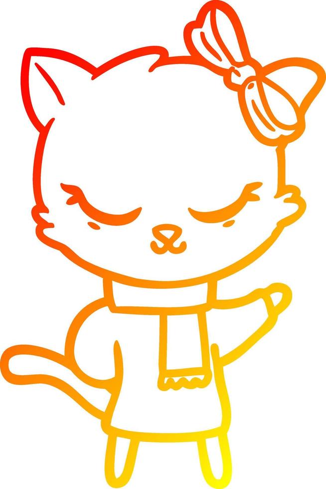 ligne de gradient chaud dessinant un chat de dessin animé mignon avec un arc vecteur