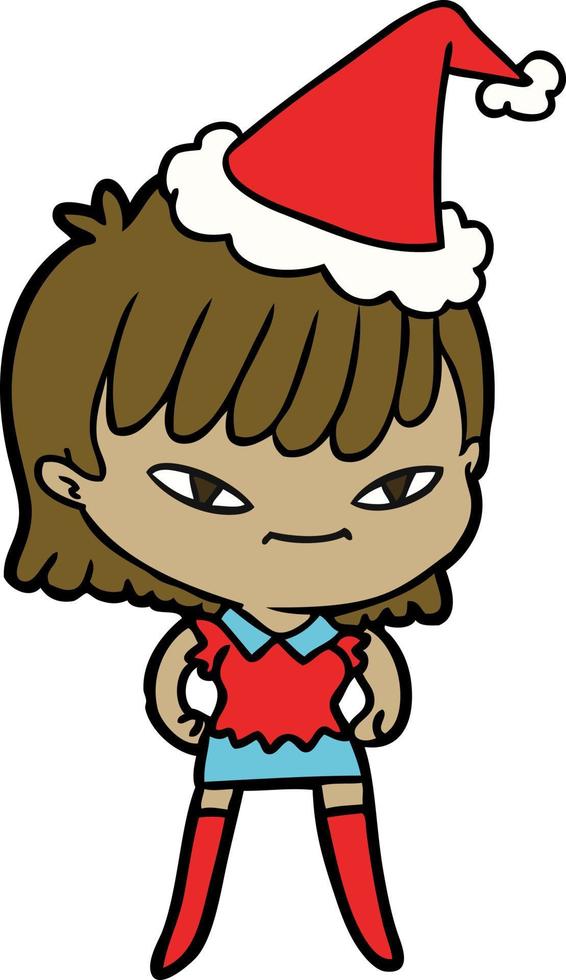 dessin au trait d'une femme portant un bonnet de noel vecteur