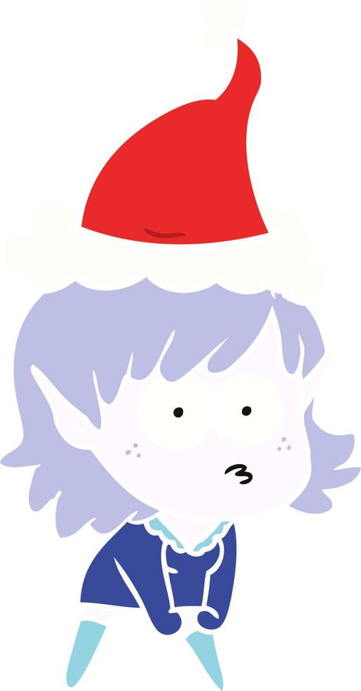 illustration en couleur plate d'une fille elfe regardant fixement et accroupie portant un bonnet de noel vecteur